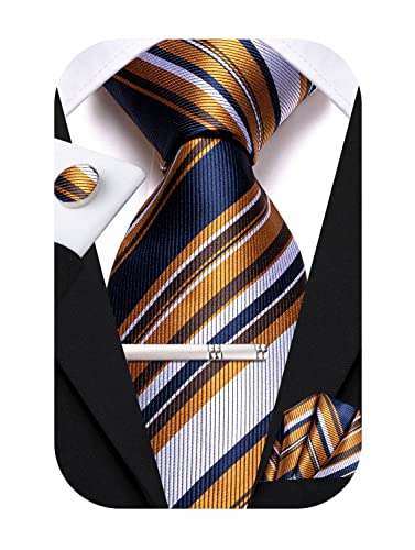 Hi-Tie Klassisches Herren-Seidenkrawatten-Set, 4-teilig, Krawatte, Einstecktuch, Manschettenknöpfe, Clip-Pin, solide Streifen, Paisley-Krawatte, Blaugold, M von Hi-Tie