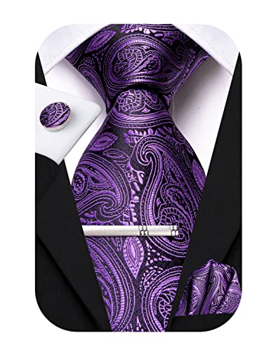 Hi-Tie Klassisches Herren-Seidenkrawatten-Set, 4-teilig, Krawatte, Einstecktuch, Manschettenknöpfe, Clip-Pin, solide Streifen, Paisley-Krawatte, Lila Paisley, M von Hi-Tie