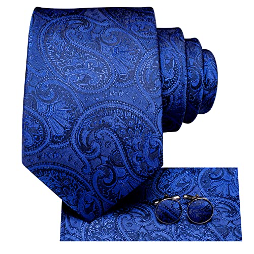 Hi-Tie Königsblaue Paisley-Krawatten Für Männer Taschentuch Manschettenknöpfe Krawattensets Seidenblaue Krawatte Hochzeit Geschäftskrawatte von Hi-Tie