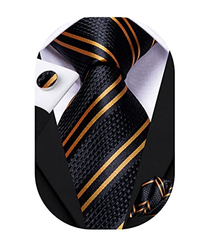 Hi-Tie Krawatte Schwarz Herren Gold Streifen Krawatte Business Formale Krawatte Gewebte Seide Krawatten-Sets Und Einstecktuch-Sets Manschettenknöpfe Prom Hochzeit von Hi-Tie