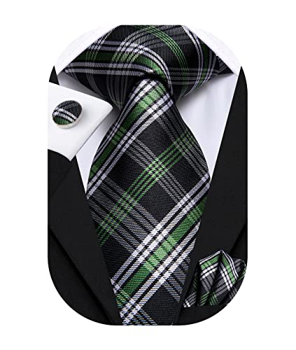 Hi-Tie Krawatten für Herren, schwarz, grün, weiß, kariert, Seidenkrawatte mit Einstecktuch, Manschettenknöpfe, formelle Geschäftshochzeit von Hi-Tie