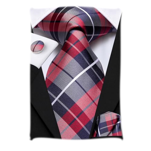 Hi-Tie Krawatten für Herren Rot Grau Plaid Seidenkrawatten Einstecktuch Manschettenknöpfe Krawatten Sets von Hi-Tie