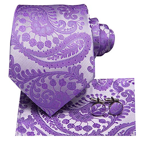 Hi-Tie Lila Paisley Krawatte für Hochzeit Seidenkrawatten Set Einstecktuch Manschettenknöpfe Party Gathering Geschenkbox von Hi-Tie