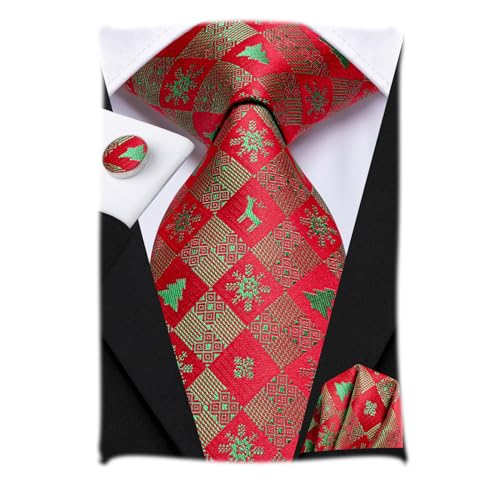 Hi-Tie Männer Rot Grün Kariert Krawatte Set Seide Weihnachtsbaum Schneeflocke Krawatte und Einstecktuch Manschettenknöpfe für Hochzeit von Hi-Tie