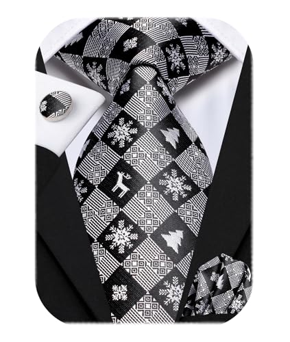 Hi-Tie Herren Weihnachtskrawatte Set Krawatte Einstecktuch Manschettenknöpfe Set Match Rentier Schneeflocke Xmas Baum Muster für Hochzeit Prom,Schwarzweiße Weihnachten von Hi-Tie