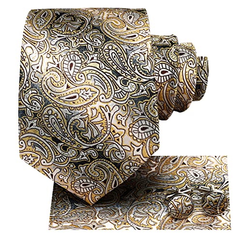 Hi-Tie Paisley-Krawatten Beige Schwarz Krawatte Einstecktuch Manschettenknöpfe Formelle Krawatten-Sets für Herren von Hi-Tie