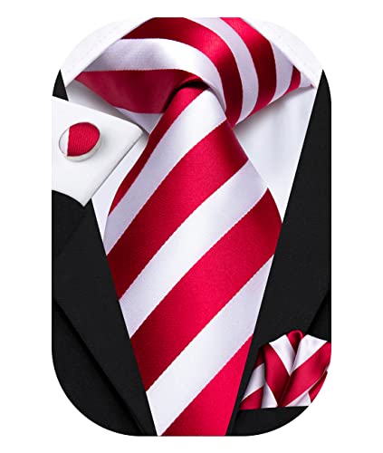 Hi-Tie Rot Weiß Gestreifte Krawatten für Herren Seidenkrawatte Einstecktuch Manschettenknöpfe für Herren Formelle Party-Krawatten-Sets von Hi-Tie