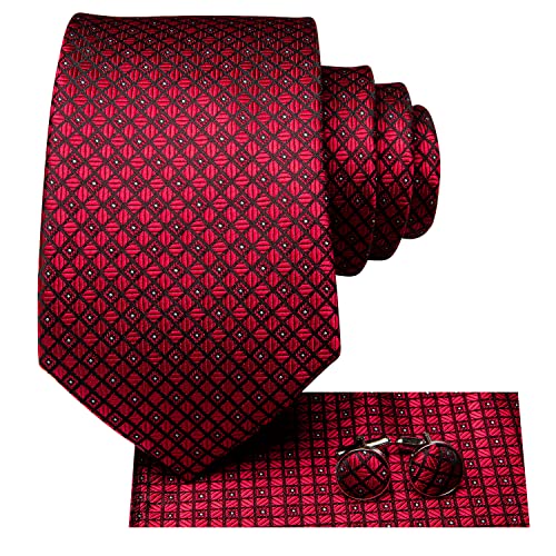 Hi-Tie Rot karierte Krawatte Einstecktuch Manschettenknöpfe Krawatten-Sets für Herren Meeting Formal Business Party Ball von Hi-Tie