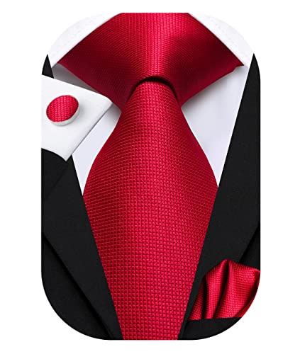 Hi-Tie Rote Krawatte Herren Hochzeit Karierte Krawatten Jacquard Seidenkrawatten Taschentuch Manschettenknöpfe Formal Krawatte Sets Party Hochzeit Business Formal von Hi-Tie