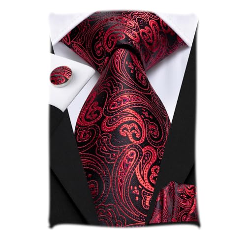 Hi-Tie Herren Krawatte Schwarz Paisley/Plaid/Streifen/Einfarbig Krawatten Set Einstecktuch Manschettenknöpfe Business Formal Hochzeit Meeting Geschenkbox,rotes Paisley von Hi-Tie