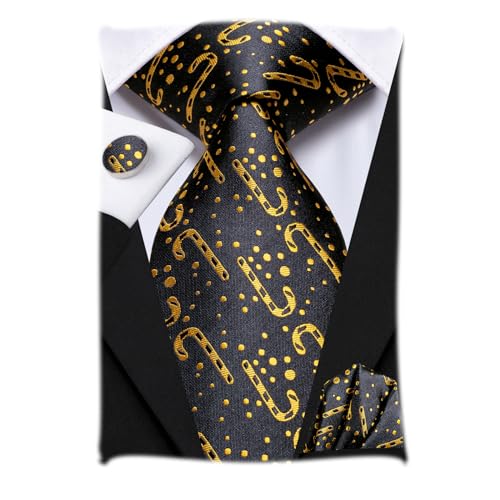 Hi-Tie Herren Weihnachtskrawatte Set Krawatte Einstecktuch Manschettenknöpfe Set Match Rentier Schneeflocke Xmas Baum Muster für Hochzeit Prom,Schwarzgoldene Zuckerstange von Hi-Tie