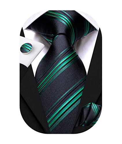 Hi-Tie Schwarz Grün Krawatten für Männer Einzigartige Streifen Seide Einstecktuch Manschettenknöpfe Krawatte Sets Hochzeit Formal von Hi-Tie