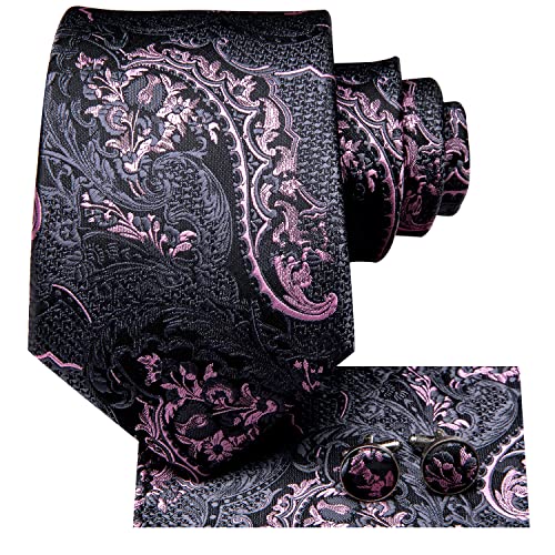 Hi-Tie Schwarz Rosa Krawatte Blumen-Krawatten-Sets Jacquard Seide Einstecktuch Manschettenknöpfe für Hochzeit Business von Hi-Tie