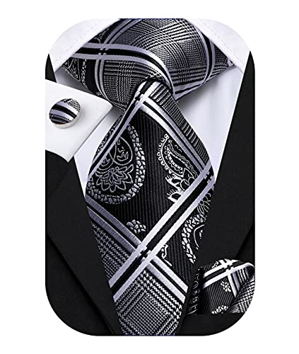 Hi-Tie Schwarz Silber karierte Herren Krawatte mit Einstecktuch Manschettenknöpfe Krawatten Set für Business Formal Meeting von Hi-Tie