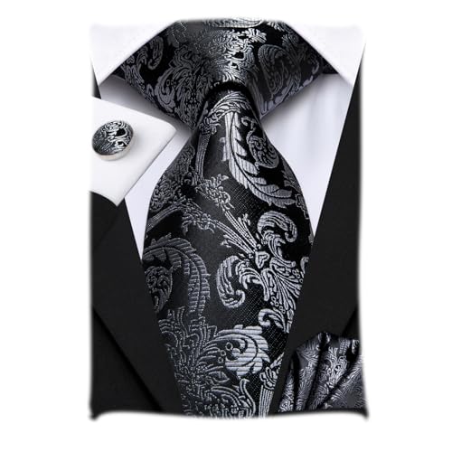 Hi-Tie Schwarz-Weiß-Blumen-Krawatten für Männer, Taschentuch, Manschettenknöpfe, formelle Krawatten-Sets, Business-Party von Hi-Tie