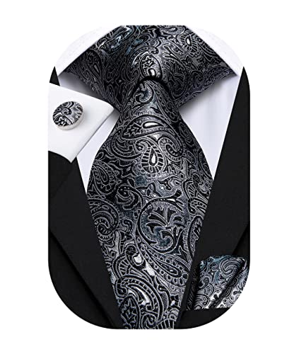 Hi-Tie Herren Krawatte Schwarz Paisley/Plaid/Streifen/Einfarbig Krawatten Set Einstecktuch Manschettenknöpfe Business Formal Hochzeit Meeting Geschenkbox,schwarz graues Paisley von Hi-Tie