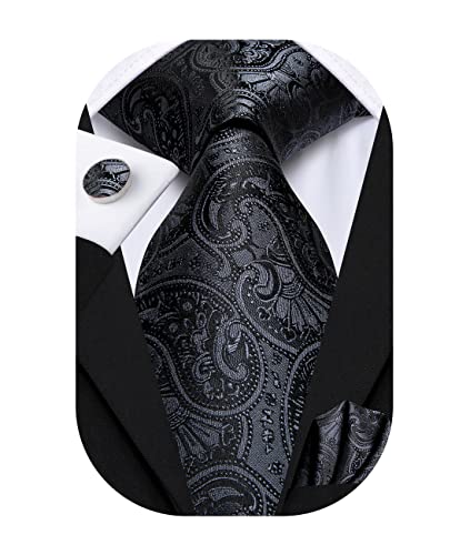 Hi-Tie Black Paisley Krawatte für Männer Taschentuch Manschettenknöpfe Krawatte Sets Formelle Krawatte für Beerdigung von Hi-Tie