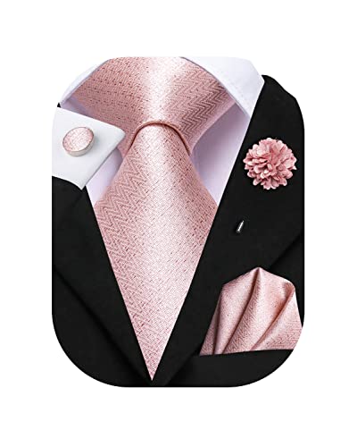 Hi-Tie Seidenkrawatte und Einstecktuch Manschettenknöpfe, Reversnadel-Set, Jacquard, Hochzeit, Business, Krawatte für formelle Anlässe, Blush Pink, M von Hi-Tie