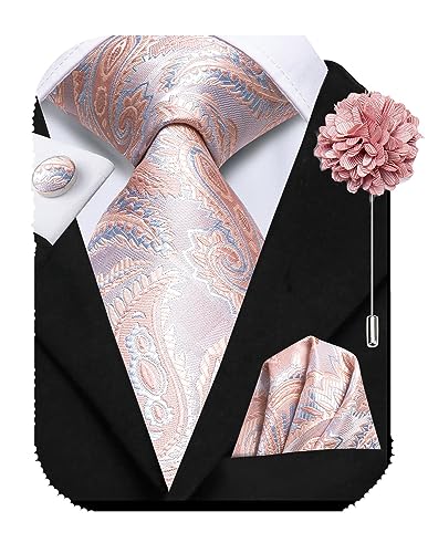 Hi-Tie Seidenkrawatte und Einstecktuch, Manschettenknöpfe, Reversnadel-Set, Jacquard, Hochzeit, Business, Krawatte für formelle Anlässe, Hellrosa Paisleymuster, M von Hi-Tie