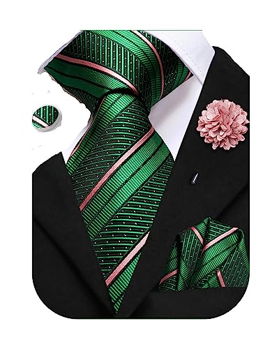 Hi-Tie Seidenkrawatte und Einstecktuch Manschettenknöpfe Reversnadel Set Jacquard Hochzeit Business Krawatte für formelle Anlässe, Blaugrün Rosa Streifen, M von Hi-Tie