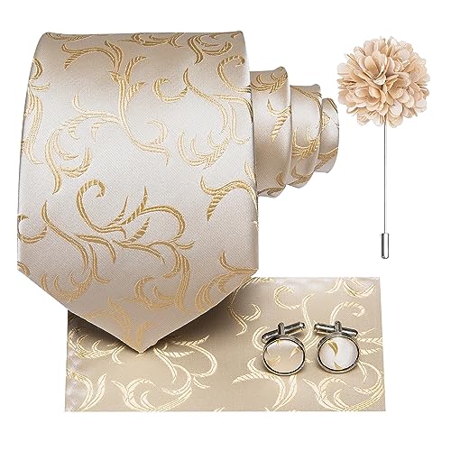 Hi-Tie Seidenkrawatte und Einstecktuch Manschettenknöpfe Reversnadel Set Jacquard Hochzeit Business Krawatte für formelle Anlässe, Champagner2, M von Hi-Tie