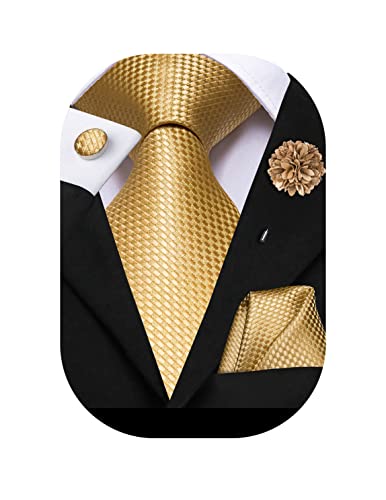 Hi-Tie Seidenkrawatte und Einstecktuch Manschettenknöpfe Reversnadel Set Jacquard Hochzeit Business Krawatte für formelle Anlässe, gold, M von Hi-Tie