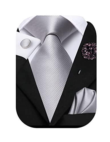 Hi-Tie Seidenkrawatte und Einstecktuch Manschettenknöpfe Reversnadel Set Jacquard Hochzeit Business Krawatte für formelle Anlässe, silber, M von Hi-Tie