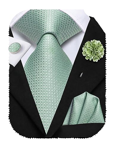 Hi-Tie Seidenkrawatten für Herren, 4 Stück Herrenkrawatten und Blumen-Anstecknadel, Einstecktücher und Manschettenknöpfe, Designer-Krawatten, Salbeigrün geometrisch, M von Hi-Tie