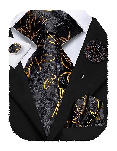 Hi-Tie Seidenkrawatte und Einstecktuch Manschettenknöpfe, Reversnadel-Set, Jacquard, Hochzeit, Business, Krawatte für formelle Anlässe, Schwarz / Gold B, Length: 59 Inches von Hi-Tie