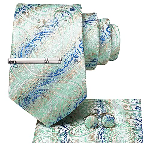 Hi-Tie Seidenkrawatten für Herren, einfarbig, Paisleymuster, gestreift, Krawatte, Einstecktuch, Manschettenknöpfe, Krawattennadel-Set, Light Mint, M von Hi-Tie