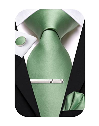 Hi-Tie Klassische Seidenkrawatten-Set für Herren, 4-teilig, Krawatte, Einstecktuch, Manschettenknöpfe, Klammernadel, solide Streifen, Paisleymuster, salbeigrün, M von Hi-Tie