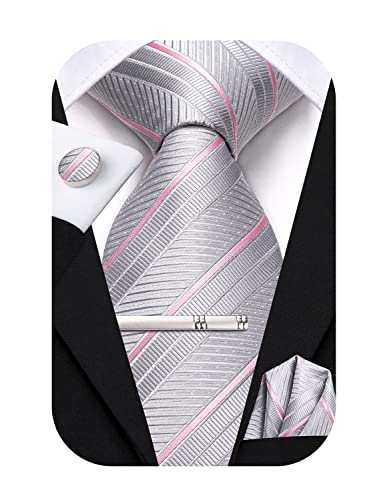 Hi-Tie Klassische Seidenkrawatten-Set für Herren, 4-teilig, Krawatte, Einstecktuch, Manschettenknöpfe, Klammernadel, solide Streifen, Paisleymuster, silber, rosa, M von Hi-Tie