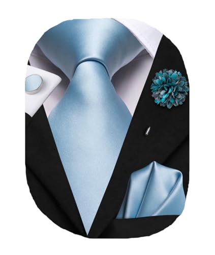 Hi-Tie Seidenkrawatten für Herren, gewebte Herren-Krawatten mit Anstecknadel, Manschettenknöpfen, formelle Krawatte für Hochzeit, Business, Abschlussball, Himmelblau, Medium von Hi-Tie