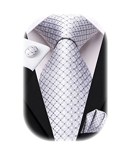 Hi-Tie Silber karierte Krawatte für Herren Hochzeit Seidenkrawatten Einstecktuch Manschettenknöpfe für Herren Party Gathering von Hi-Tie