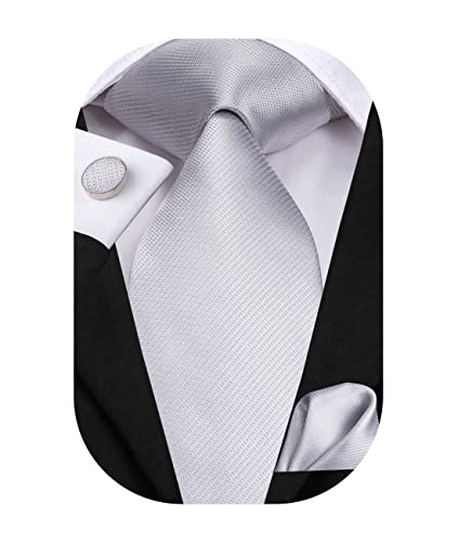Hi-Tie Silberne solide Herrenkrawatte Set Einstecktuch Manschettenknöpfe Gewebte Seidenkrawatte für Herren Hochzeit Business Meeting von Hi-Tie