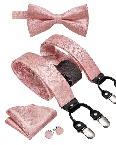 Hi-Tie Straps-Fliege für Herren, verstellbar, Y-Form, 6 Clips, Hosenträger, vorgebundene Fliege mit Taschentuch-Manschettenknöpfen, Hellrosa A, M Hi-Tie Straps-Fliege für Herren, verstellbar, Y-Form, 6 Clips, Hosenträger, vorgebundene Fliege mit Taschentuch-Manschettenknöpfen, Hellrosa A, M von Hi-Tie