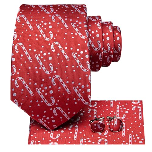 Hi-Tie Sugar Stick Weihnachten Seidenkrawatte Sets für Herren Rote Krawatte Einstecktuch Manschettenknöpfe Für Hochzeit Prom von Hi-Tie