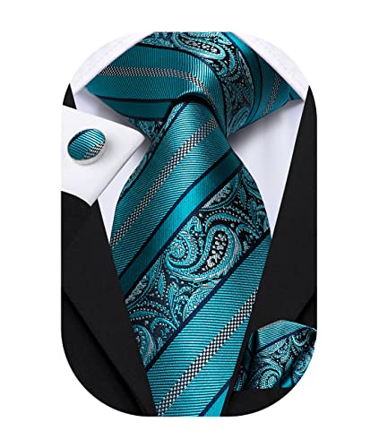 Hi-Tie Herren Krawatte Schwarz Paisley/Plaid/Streifen/Einfarbig Krawatten Set Einstecktuch Manschettenknöpfe Business Formal Hochzeit Meeting Geschenkbox,Blaugrüner Stirpe von Hi-Tie