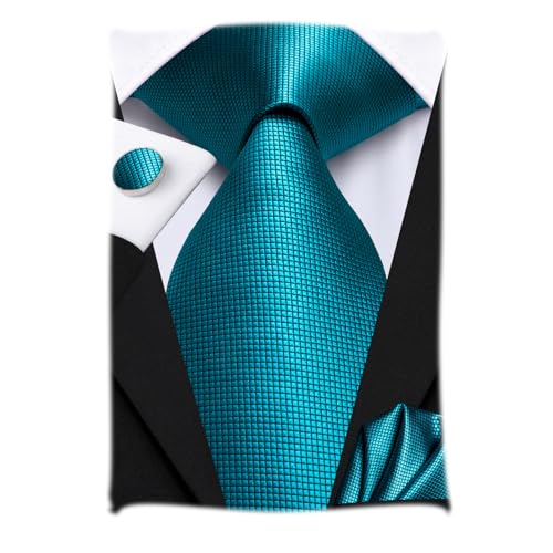 Hi-Tie Teal Plaid Krawatte für Herren Jacquard Seidenkrawatte Einstecktuch Manschettenknöpfe Krawattensets von Hi-Tie