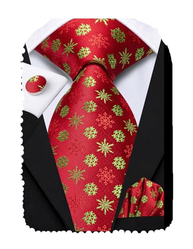 Hi-Tie Weihnachtskrawatten-Set für Herren, Seide, gewebt, Weihnachtsmann, Rentier, Baum, Schneeflocke, klassisch, Festival, Party, Geschenkbox, Rot Grün Schneeflocke, Medium von Hi-Tie
