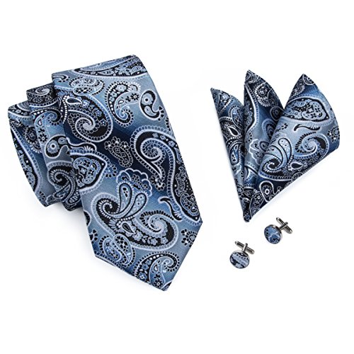 Hi-Tie blau schwarz Paisley Krawatten Hochzeit formelle Herren Krawatte Set Taschentuch Manschettenknöpfe von Hi-Tie