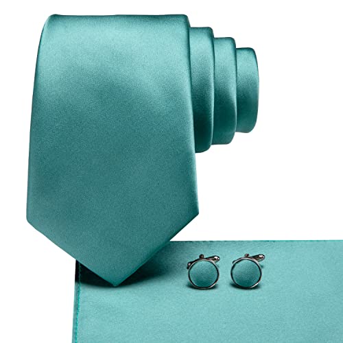 Hi-Tie Herren Krawatte Schwarz Paisley/Plaid/Streifen/Einfarbig Krawatten Set Einstecktuch Manschettenknöpfe Business Formal Hochzeit Meeting Geschenkbox,Leicht blaugrüner Feststoff von Hi-Tie