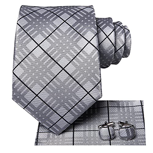 Hi-Tie grau schwarz karierte Herren Krawatte formelle Einstecktuch Manschettenknöpfe Hochzeit formal von Hi-Tie