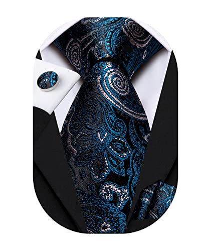 Hi-Tie schwarz blaugrüne Krawatten für Männer Blumen Krawatte Einstecktuch Manschettenknöpfe Hochzeit formelle Seidenkrawatten von Hi-Tie