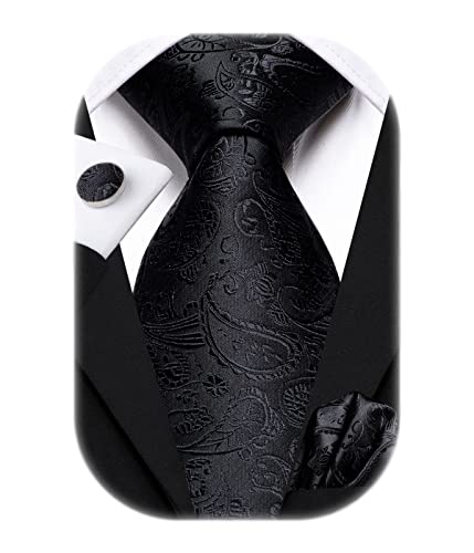 Hi-Tie Herren Krawatte Schwarz Paisley/Plaid/Streifen/Einfarbig Krawatten Set Einstecktuch Manschettenknöpfe Business Formal Hochzeit Meeting Geschenkbox,schwarzes Paisley-Blumenmuster von Hi-Tie