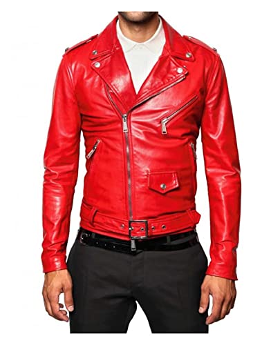 Brando Motorrad Biker Jacke | Herren Retro Leder Negan Dean Jacke, Rot – echtes Leder, XL von HiFacon