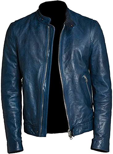 Café Racer Lederjacke mit Druckknopf, Blau und Schwarz - - Medium von HiFacon