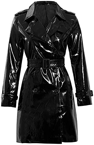 Damen PVC-Mantel, modisch, Wet-Look, Kleidung, Trenchcoat, Regenmantel, schwarz, PU-Leder, Schwarz – PVC-Mantel, Large von HiFacon