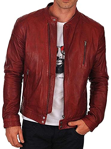 Herren-Lederjacke, Rot, Vintage-Stil, Cafe Racer Stil, Motorrad, Biker, Echtleder, Echtes Leder - Rostrot, XX-Small von HiFacon