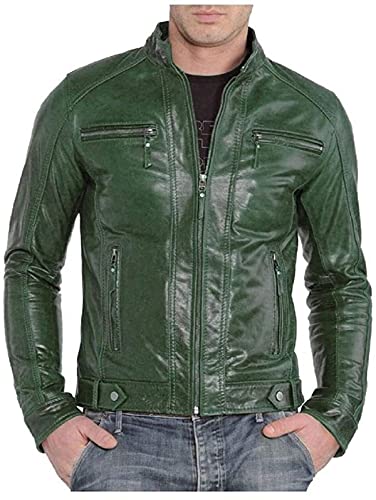 Herren Lederjacke Vintage Cafe Racer Style Motorrad Schwarz Biker Echtleder Jacke, Echtes Leder – grüne Jacke, M von HiFacon